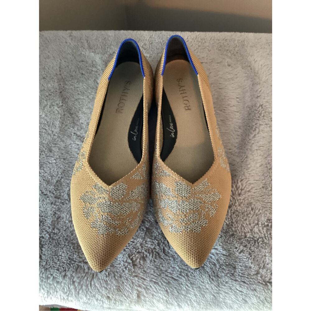 Rothy's Rare Women's Metallic Point Flat Shoes Beige & Silver Size 8 - Picture 4 of 12